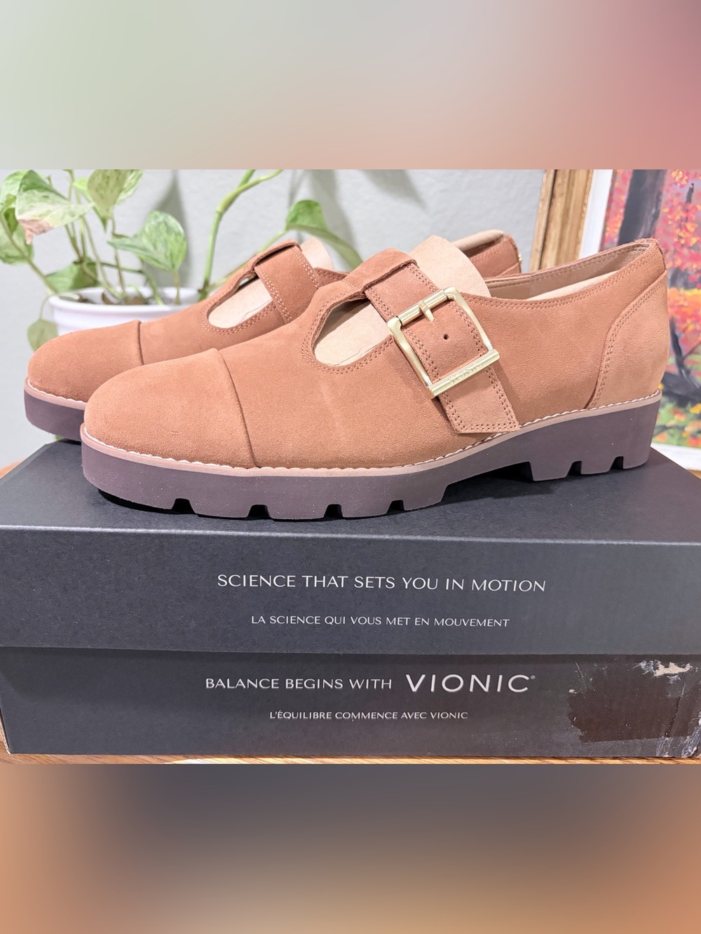 New in box. 9 wide. Vionic Carmen Loafer. Caramel suede leather.